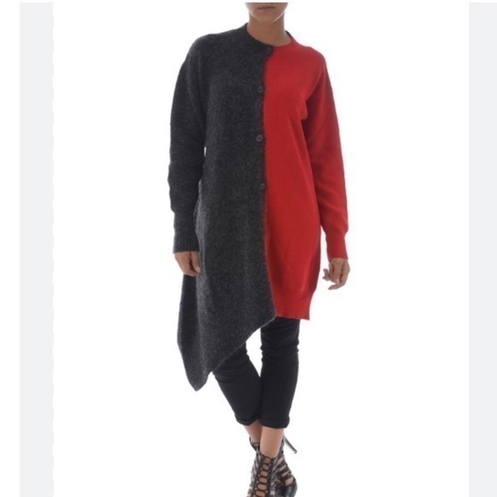 MM6 Maison Margiela Cardigan Two Toned Long Asymmetric in Red Grey